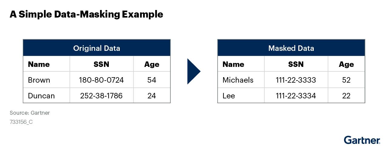 An example of data masking showing columnar information containing personal information that has been transformed so as to deidentify the original individual.