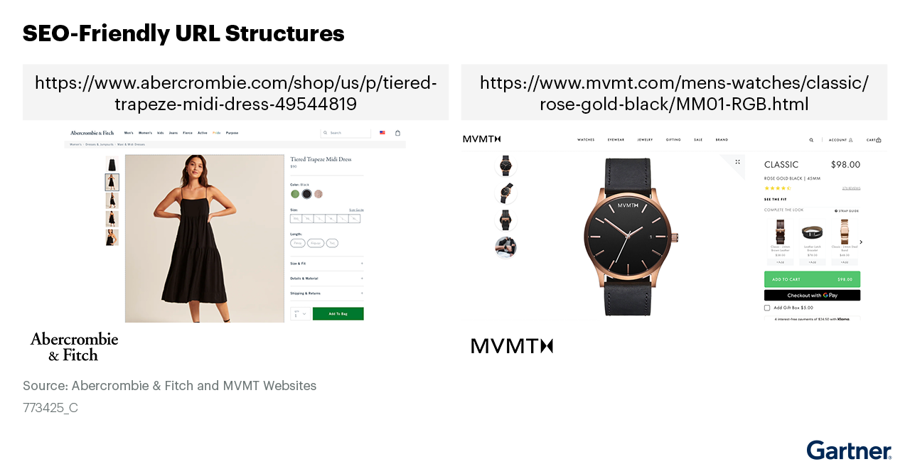 Abercrombie & Fitch and MVMT apply URL structures that support organic search performance, incorporating best practices like sound structure, target keywords, HTTPS protocol and hyphens to separate words. Their URLs are hence simplified for clear indication.
