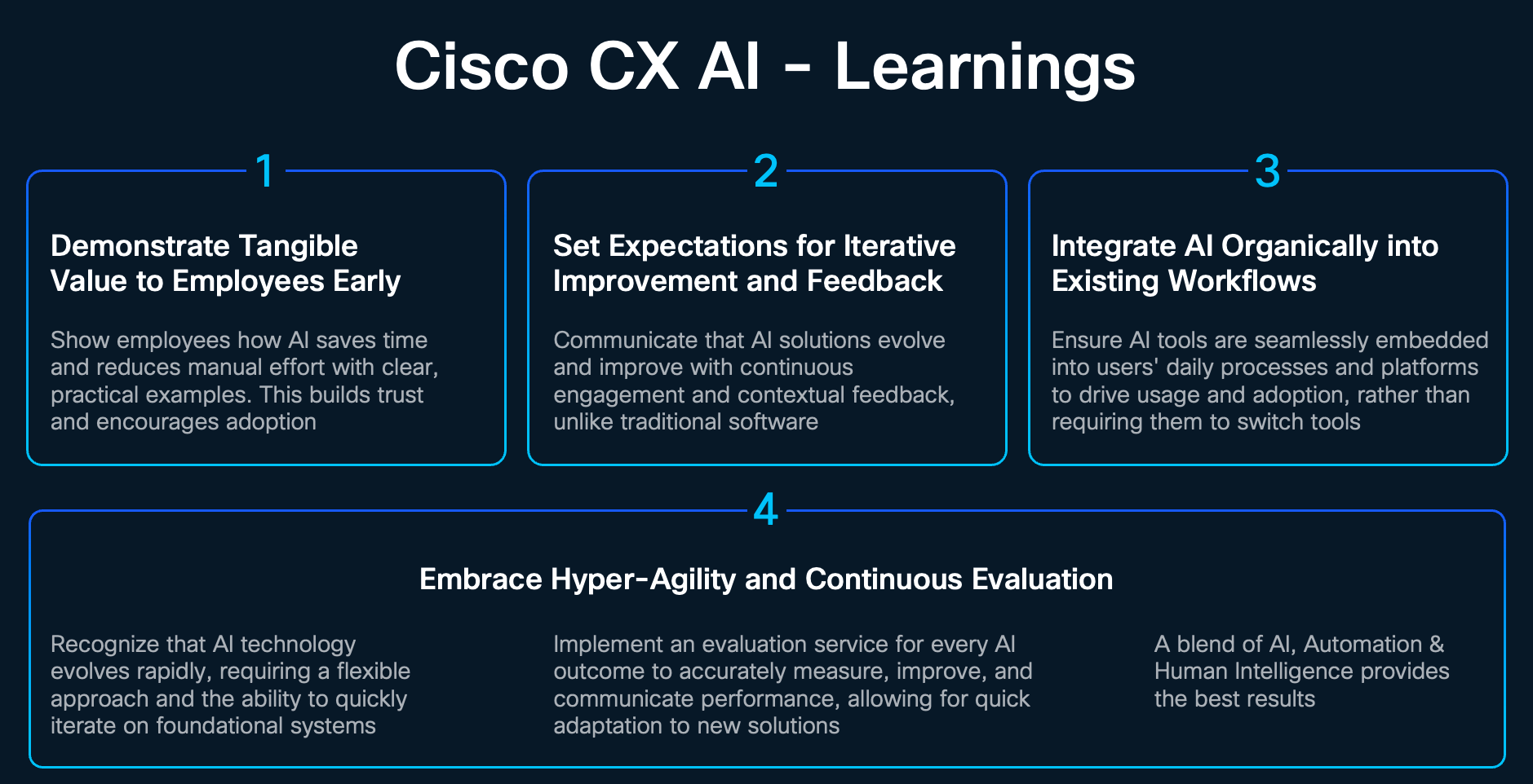 Key lessons include showing early AI value, setting expectations for ongoing improvement, embedding AI into daily workflows, and continuously measuring and adapting solutions for best results through a blend of AI, automation and human intelligence.